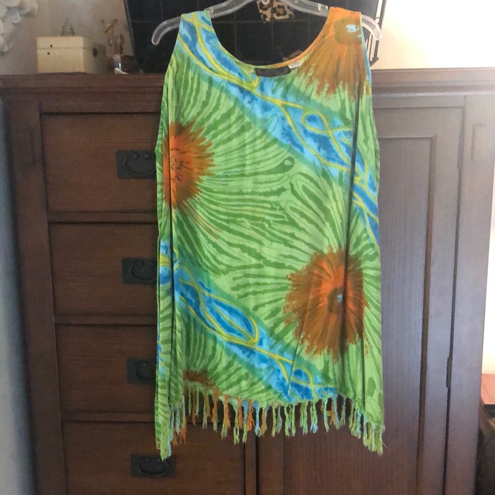 Vibrant Green and Orange coverup beach Fringe Dress rayon plus size